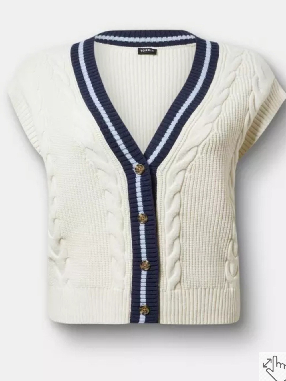 Torrid Sz 2 Cream Cable-Knit V-Neck Sweater Vest with Navy and Light Blue Trim